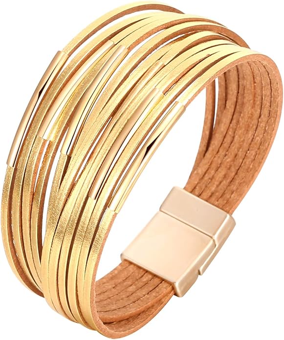 Fesciory Leather Wrap Bracelets for Women, Boho Leopard Multi-Layer Crystal Beads Cuff Bracelet Jewelry