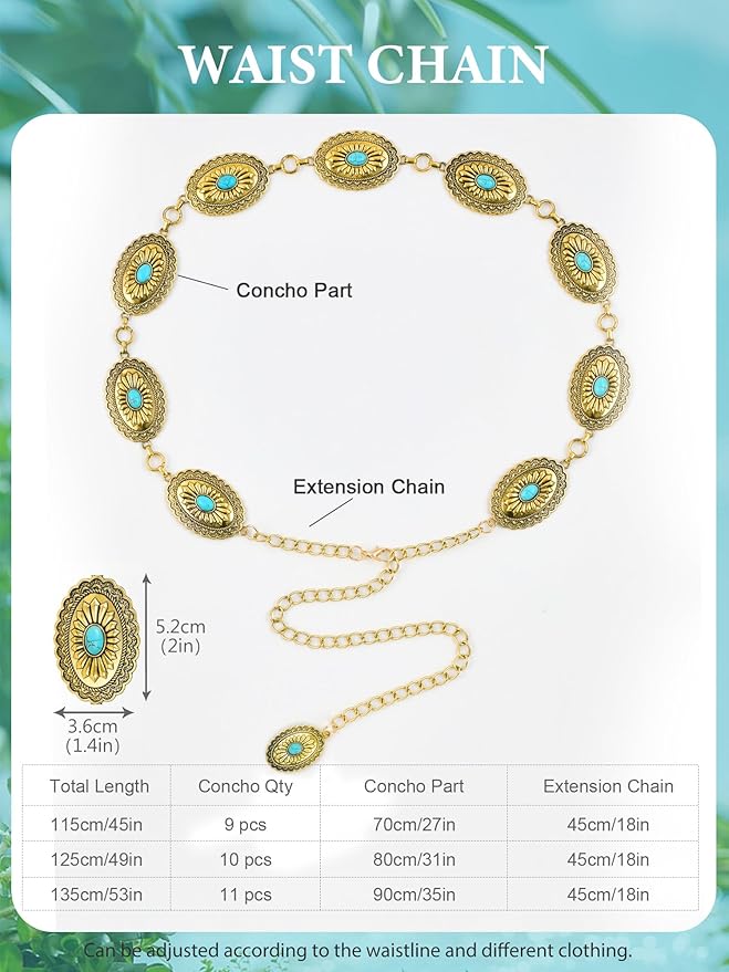 FIORETTO Metal Waist Chain Link Belt for Women Western Cowgirl Boho Turquoise Belts for Dress Jeans Country Concert Outfit
