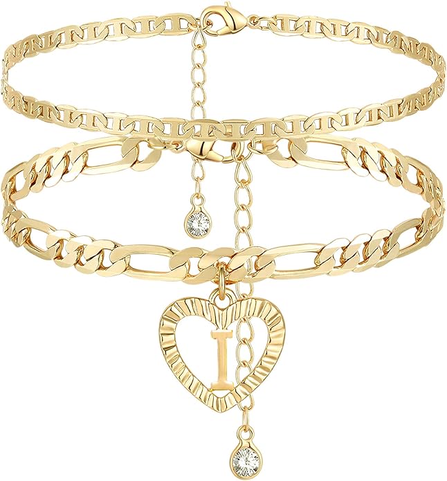 YANODA Initial Ankle Bracelets for Women 14K Gold Plated Layered Figaro Chain Letter Initial Anklets Handmade Layered Heart Ankle Bracelets Personalized Jewelry for Women
