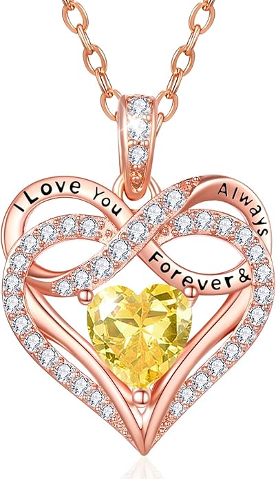 Infinity Rose Gold Valentines Heart Birthstone Necklace for Women,I Love You Always and Forever Jewelry,Valentines Anniversary Birthday Gifts for Her Wife Mom Grandma Daughter