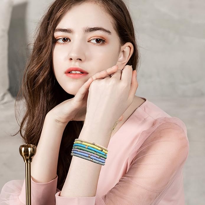 GOOJIDS Surfer Heishi Clay Bead Bracelets for Women Bohemian Stackable Gold Plated Beaded Stretch Bracelets Elastic Layering Friendship Bracelets Set Boho Jewelry