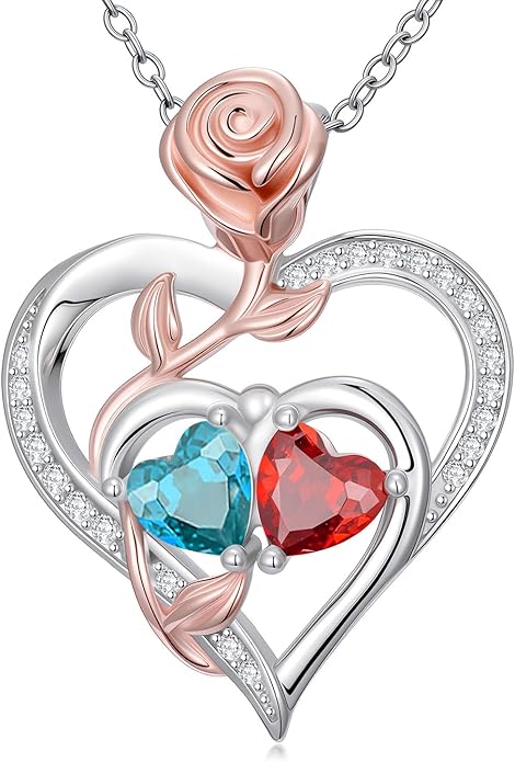 Rose Flower Heart Pendant for Women Birthday Gifts 18k Gold Plated Mother Daughter Necklace with 12 Months Birthstone Christmas Valentines Day Gifts for Her Mom Anniversarry Jewelry for Mom Wife Girlfriend