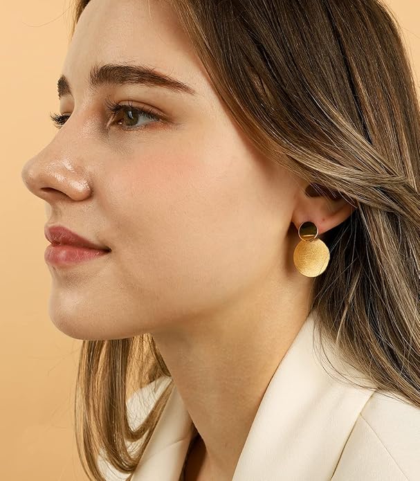 OZEL Gold Dangle Earrings for Women Brushed Finish, Matte Gold Statement Jewelry, 14k Gold Plated