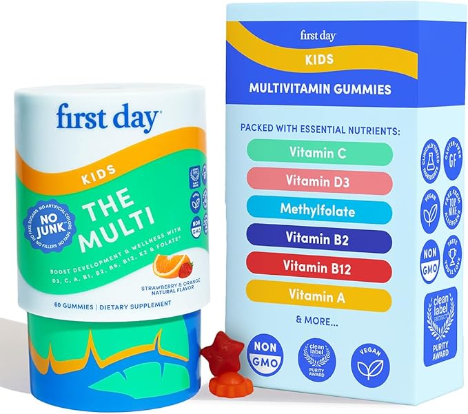 First Day Kids Multivitamin Gummies Age 4+, Strawberry & Orange - Kids Vitamins Multivitamin Gummy A C D3 K2 B1 B2 B6 B12 Folate, Immunity & Brain Function, Vegan - 30 Day Supply, Packaging May Vary