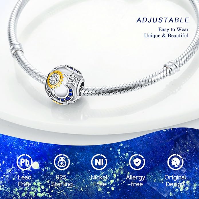 925 Sterling Silver Charms Bead for Bracelets Necklaces, Star Moon Crescent Sun Solar Pendent, Blue Ocean Starfish Shells Turtle Crab Starry Sea Cute Jewelry Birthday Gifts for Women Men