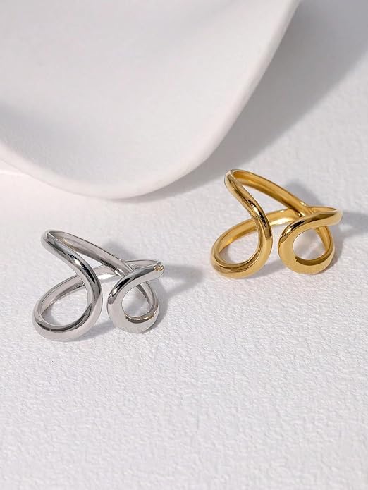 Chunky Rings For Women, Gold Silver Thumb Ring Asymmetrical Wavy Curve Ring Adjustable Non Tarnish Dainty Stainless Steel New Year Anniversary Birthday Jewelry Gift