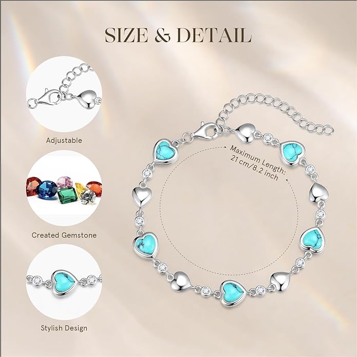 Carleen Birthstone Bracelets for Women 925 Sterling Silver Five Heart Station Created Gemstone Tennis Bracelet Jewelry Anniversary Birthday for Wife, 7"+1.2" Extender