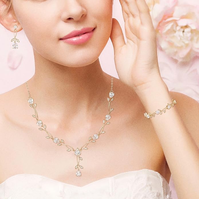 EVER FAITH Bridal Cubic Zirconia Jewelry Sets for Women, White Simulated Pearl Leaf Vine Pendant Wedding Party Necklace Earrings Set for Bridesmaid Bride