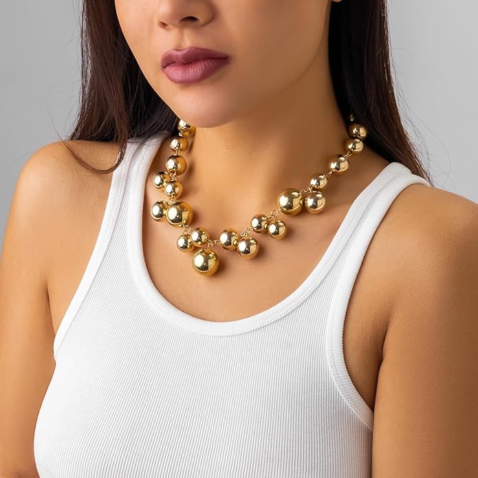 Chunky Pearls Statement Choker Necklace for Women,14K Gold Large Beaded Punk Ball Cluster Collar Necklace Party Dainty Jewelry Gift