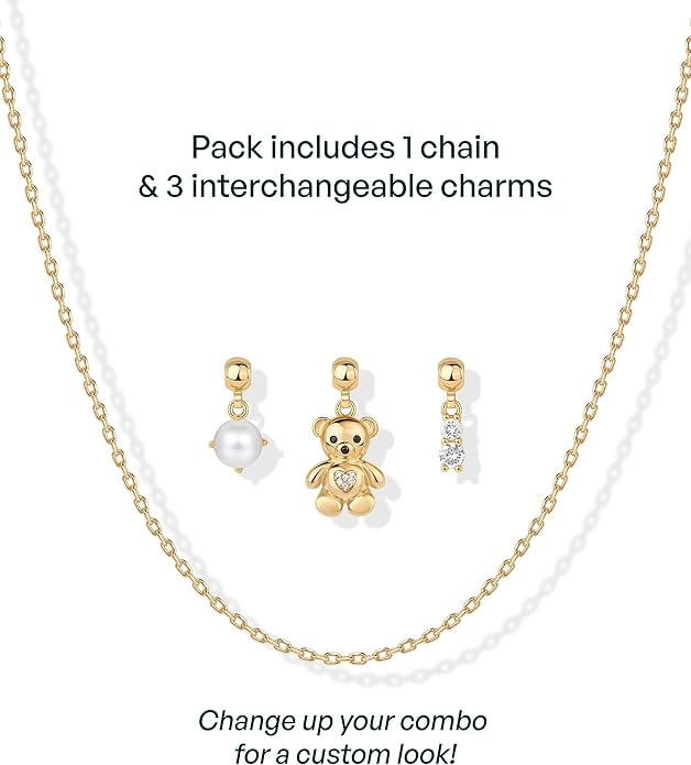 PAVOI 14K Gold Plated Dainty Necklace with Charms Set - Hypoallergenic Adjustable Chain Gold Charm Necklace for Women - Small Motif & Mantra 2 and 3-Pack Removable Pendants - Cute Jewelry Gifts