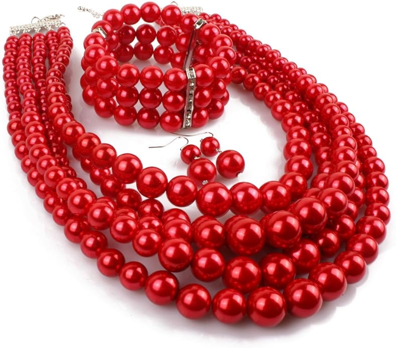Exaggerated Imitation pearl multi-layer Necklace+bracelet+earring Large pearl necklace Wedding jewelry set for Women's and girls gifts（Multicolor optional）