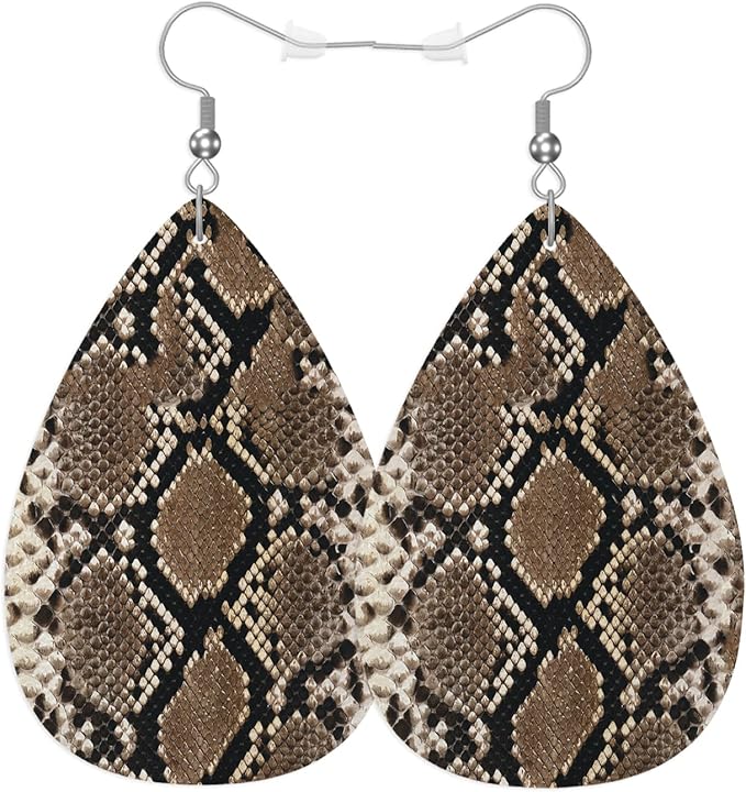 Snake Skin Leather Teardrop Hook Earrings Wild Brown Animal Snake Print Elegant Earrings For Women Friends Dangle Earrings