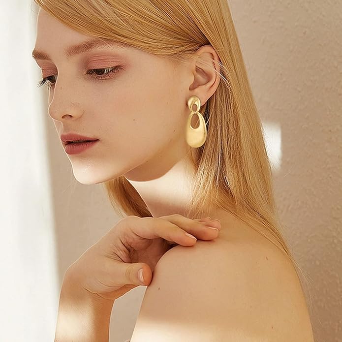 Chunky Gold Earrings for Women - Hammered Gold Plated Dangle Drop Jewelry Gifts