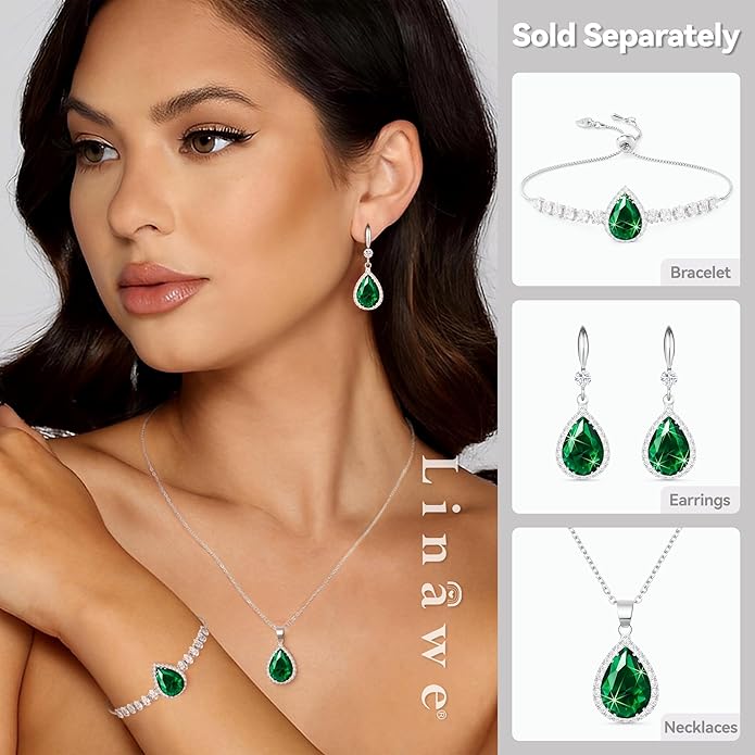 Linawe Crystal Chain Necklace for Women Trendy, Imitation Diamond Pendant, Statement Cubic Zirconia Boho Jewelry Set, 14K Gold/Rose Gold/Silver Birthstone Necklace