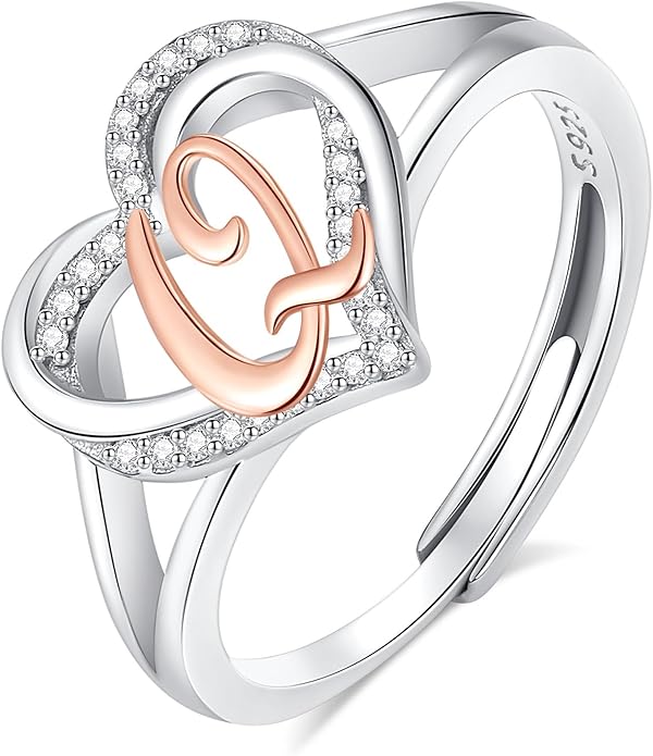 INFUSEU 925 Sterling Silver Initial Heart Ring for Women Girls, Adjustable Size