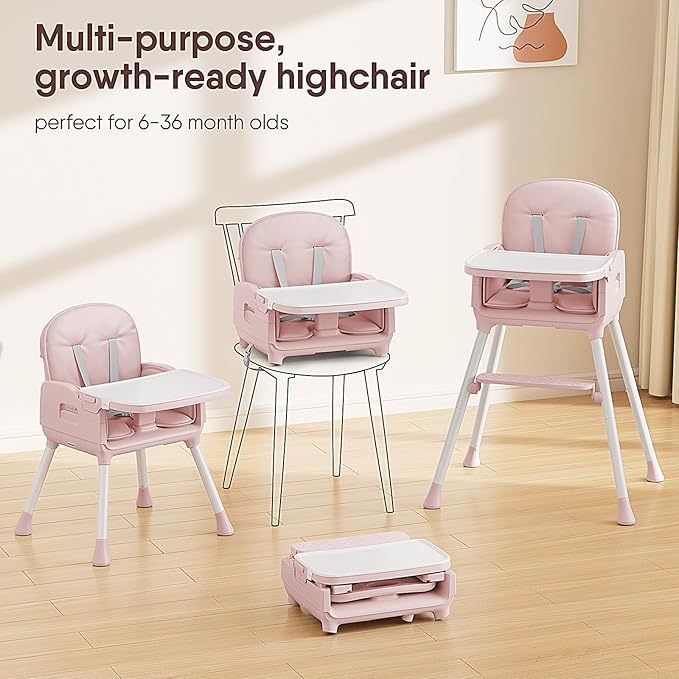 3-in-1 Portable Baby High Chair for Babies and Toddlers, Convertible Easy Clean Infant Foldable Highchair with Adjustable Legs & Dishwasher Safe Tray, Pink