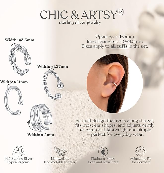 CHIC & ARTSY 925 Sterling Silver Ear Cuffs for Women, Non Piercing Clip On Cartilage Cuffs, Adjustable Fake Conch & Helix Earrings, Gold Plated & Oxidized Various Styles