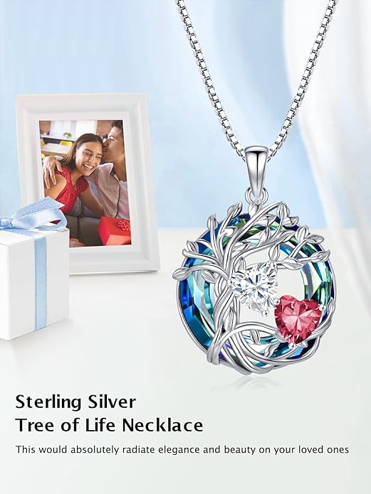 TOUPOP s925 Sterling Silver Family Celtic Tree of Life Pendant Necklaces with 2 Heart Birthstone with Blue Austrian Crystal Jewelry Birthday Valentines Day Gifts for Her, Anniversary Christmas Gifts for Wife Girlfriend Mom (18K Real White Gold Filled)
