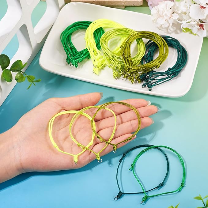 50Pcs Adjustable Braided Cord Colorful Waxed Thread Half Finished Bracelet with Jump Rings Knotting Bracelet Ropes for Wrist DIY Women Jewelry Friendship Bangle Decor 2-3/8 Inch Long-Green