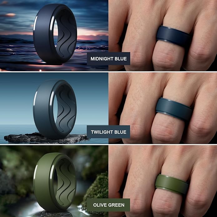 Egnaro Men's Silicone Rings 10mm Wide 2.5mm Thick, Rubber Wedding Bands with Inner Arc Ergonomic Breathable Design, 1/4/5/7 Variety Multipack