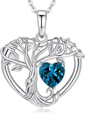 Tree of Life Necklaces for Women 925 Sterling Silver Heart Pendant Birthstone Necklace Created Gemstone Jewelry for Her, 18"+2"