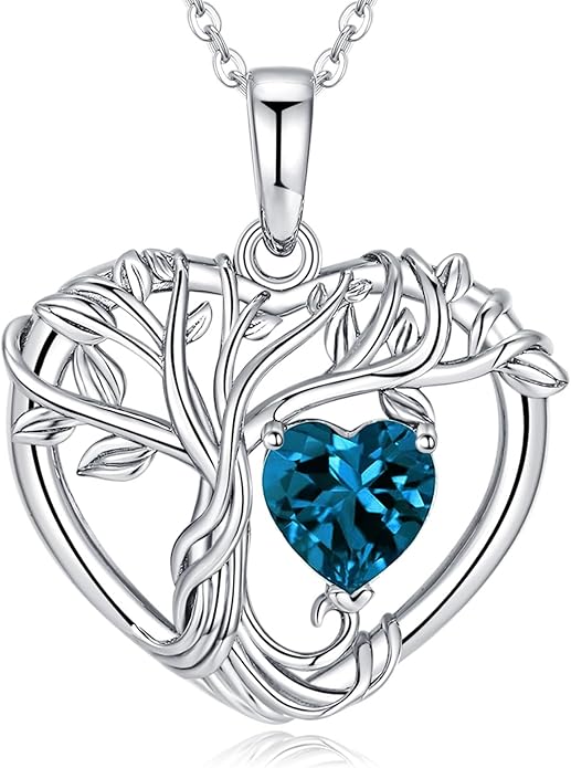 Tree of Life Necklaces for Women 925 Sterling Silver Heart Pendant Birthstone Necklace Created Gemstone Jewelry for Her, 18"+2"