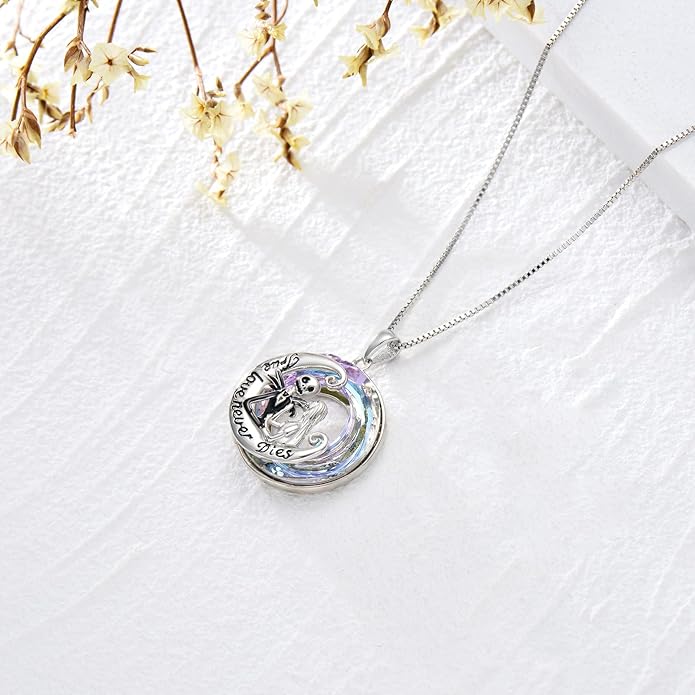 LILALO Nightmare Necklace Sterling Silver Abalone Shell Crystal Jack and Sally Necklace Jack Skellington Skull Jewelry Skull Necklaces for Women