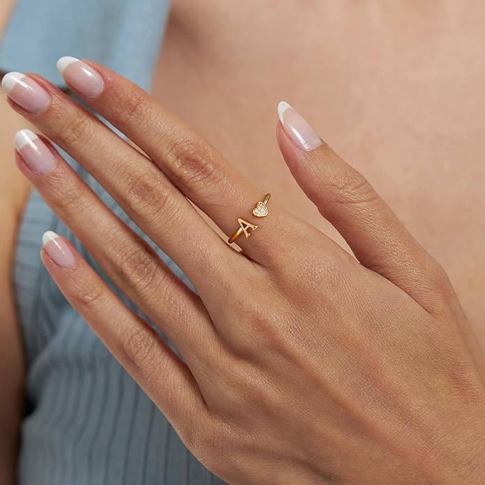 Valentines Day Gift Initial Rings for Teen Girls - S925 Heart Sterling Silver Rings for Teen Girls | 14K Gold/Rose Gold/Sterling Silver Plated Ring for Girls Kids Women Ring for Teenager Girls Gifts Adjustable, No Tarnish, Hypoallergenic