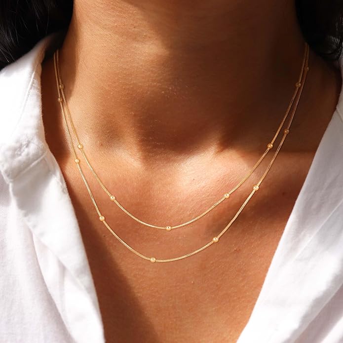 CHESKY 14k Gold Plated/Silver Plated Dainty Necklace for Women, Trendy Satellite Choker Necklace Thin Beaded Layered Choker Necklaces Discs Paperclip Chain Necklaces Womens Simple Jewelry