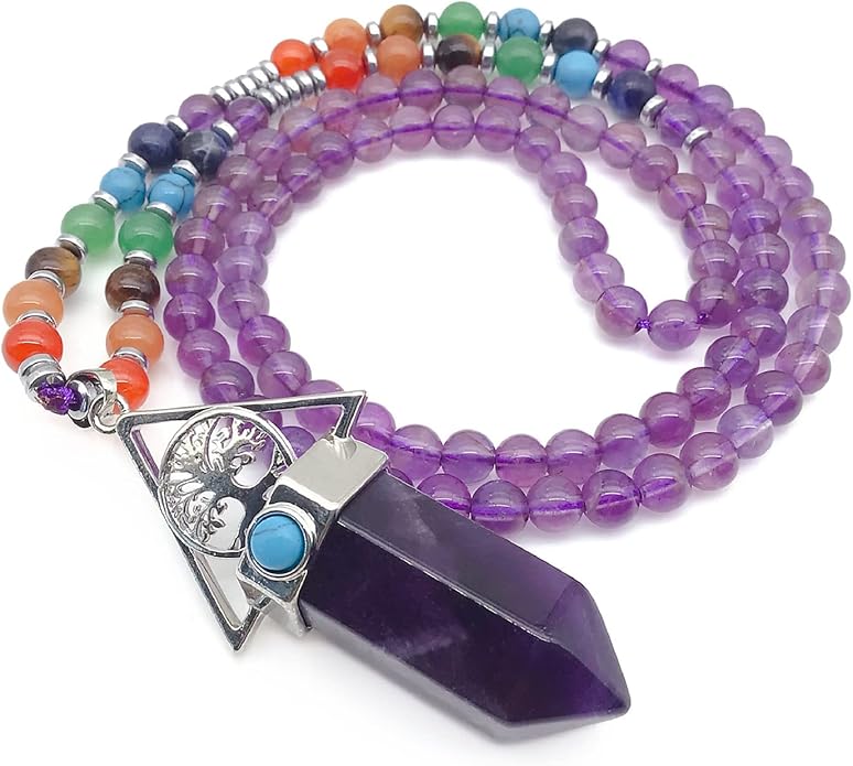 EDEN'S CALL Tree of Life 7 Chakra Stone Beads Necklace for Women and Men Hexagonal Crystal Point Pendant Necklace