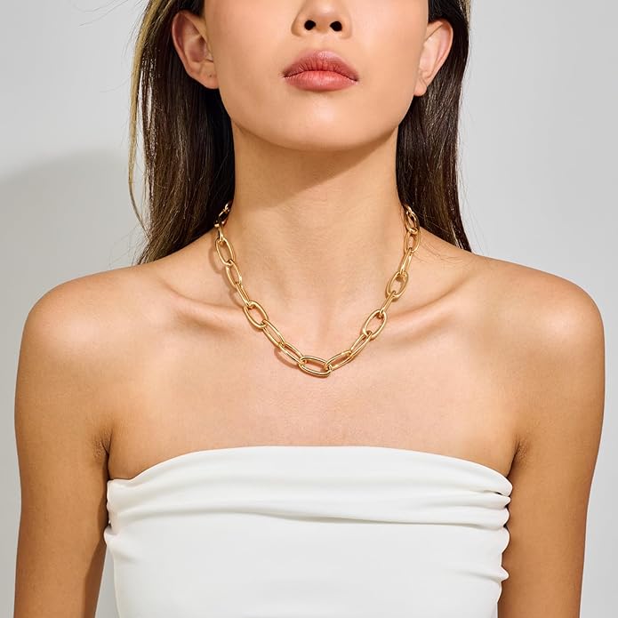 Chunky Necklace for Women 18K Gold Plated Statement Adjustable Thick Link Chains Paperclip Chain Choker Trendy Fashion Jewelry Gifts