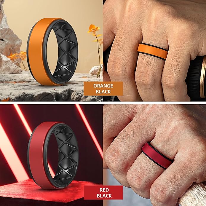 Egnaro Silicone Rings for Men 1/4/5/6/7 Multipack of Breathable Mens Silicone Rubber Wedding Rings Bands - Step Edge