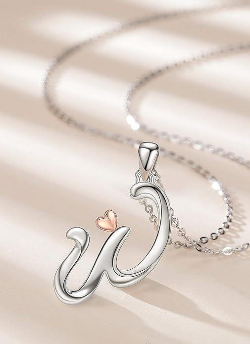CELESTIA 925 Sterling Silver Initial Necklaces 26 Letter with Rose Gold Heart - 18 Inch Chain