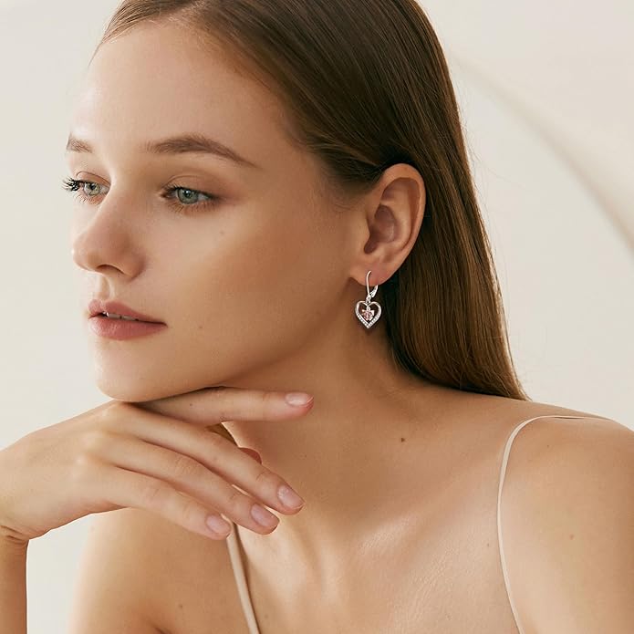 Butterfly Birthstone Heart Dangle Drop Earrings, 925 Strlings Silver 5A Cubic Zircon Leverback Earrings Jewelry Anniversary Birthday Gifts for Women