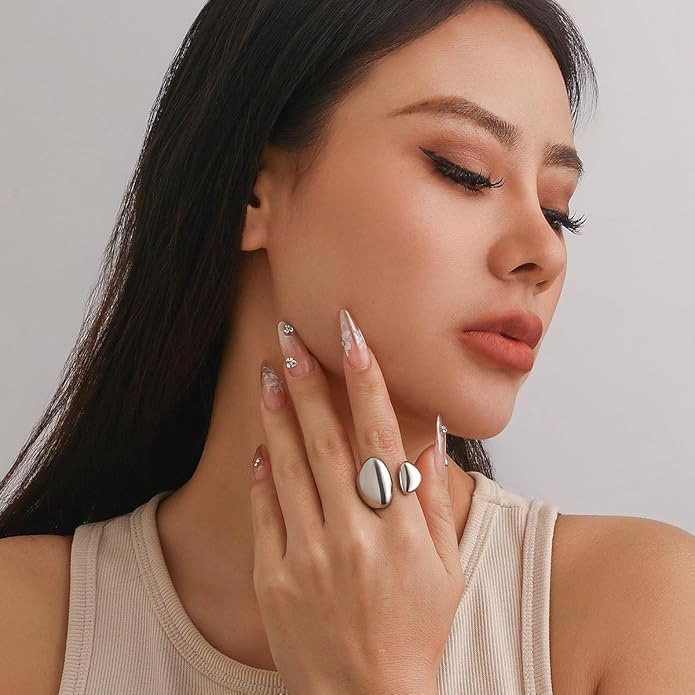 MIFYNN Chunky Gold Rings for Women Gold Silver Adjustable Thick Ring Fashion Statement Ring Open Dome Ring Chunky Silver Rings Geometric Curved Minimalist Simple Rings