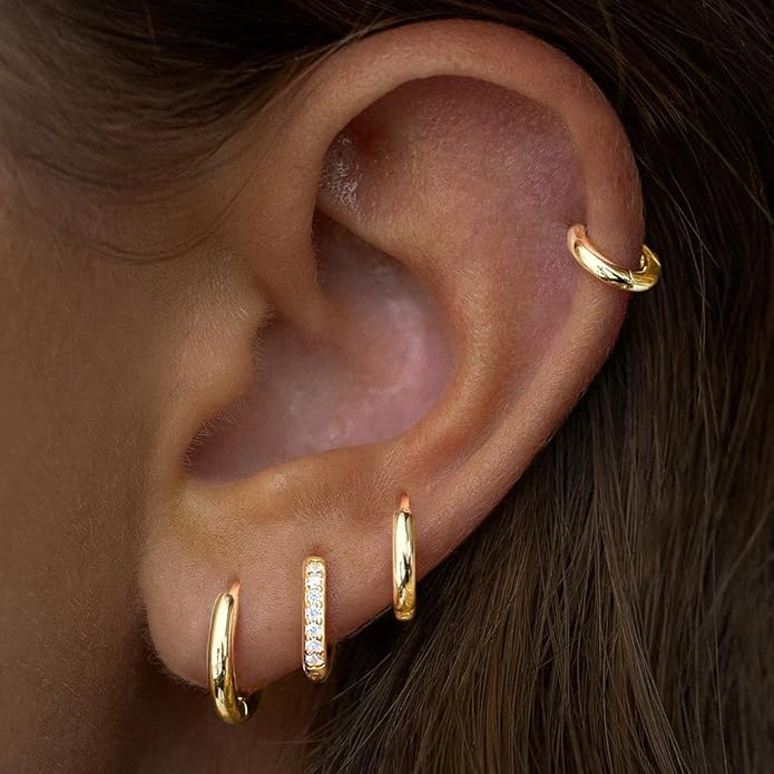 Small Gold Huggie Hoop Earrings Set for Women Men Hypoallergenic 14K Plated Stack Cartilage Earrings, Multiple Piercing Lightweight Mini Thin Cute Dainty Trendy Jewelry Set Christmas Gifts for Women