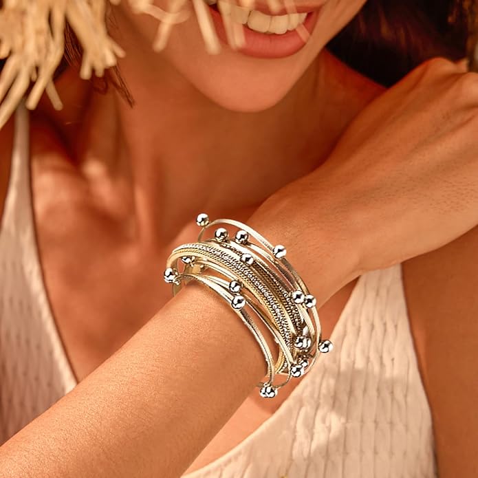 Wrapped Bracelets for Women,Leather Bracelet,Boho Bracelets for Women,Multi-Layer Pearl Crystal Bracelet Bangle Jewelry