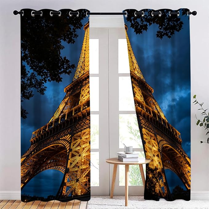 Eiffel Tower Curtains for Bedroom Blackout, Night View Curtains, Starry Sky by Unknown