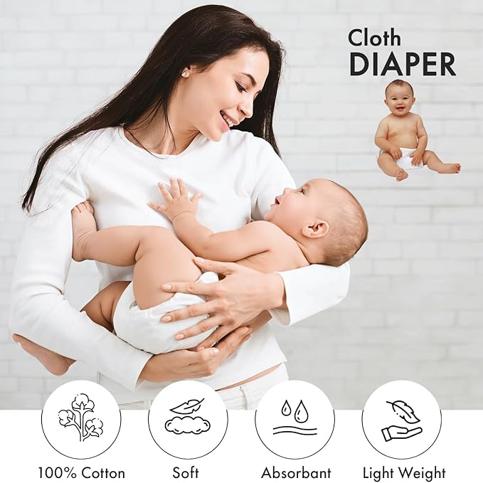 RUVANTI Unisex Birdseye Flat-Fold Cloth Diapers for Babies 24 Pack, 100% Cotton Reusable Diaper Inserts 23x23 Inches, White