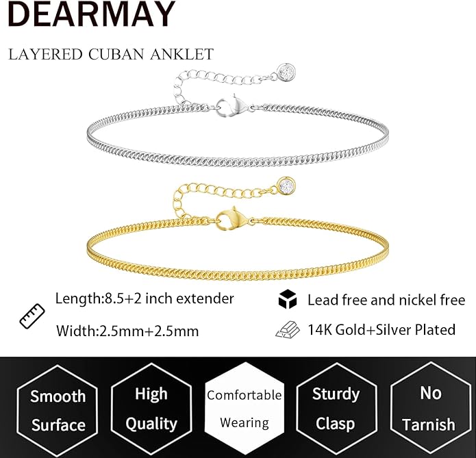 DEARMAY Dainty 14K Gold Plated Ankle Bracelets for Women, Waterproof 14K Gold Plated Link Chain Anklets Non Tarnish Set Pack Summer Beach Jewelry Gift