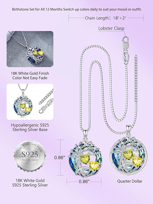 TOUPOP s925 Sterling Silver Family Celtic Tree of Life Pendant Necklaces with 2 Heart Birthstone with Blue Austrian Crystal Jewelry Birthday Valentines Day Gifts for Her, Anniversary Christmas Gifts for Wife Girlfriend Mom (18K Real White Gold Filled)
