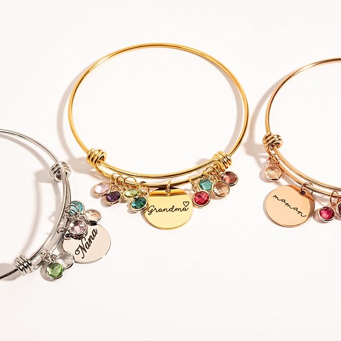 Custom Grandma Birthstone Bangle Bracelet, Personalized Children’s Birthstone Gift for Mom, Handmade Jewelry for Her, Birthday Valentines Day Gift for Women, Meaningful Present for Grandma – ABR-LC-MBS
