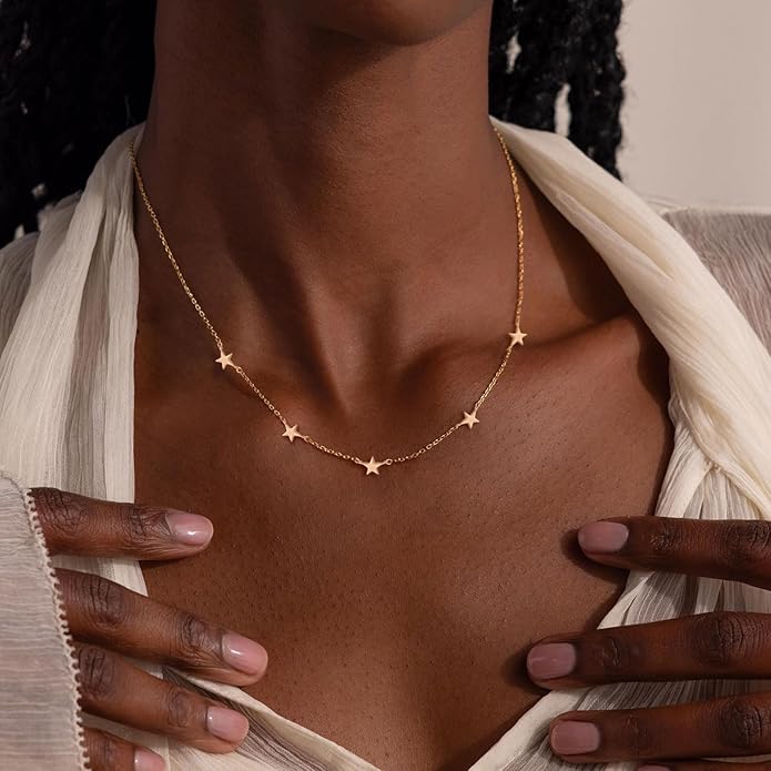 VRIUA Necklaces for Women - 14K Gold/Silver Plated Dainty Chain Necklace with Five Charms: Diamond, Bow, Snowflake, Cross, Flower, Clover, Butterfly, Heart, Star of David, and Star Trendy Jewelry