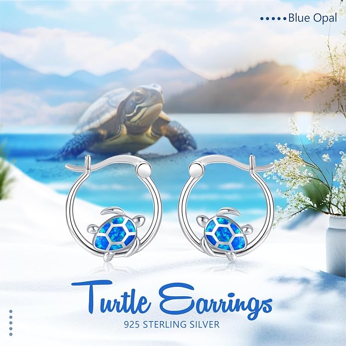 Turtle Earrings for Women S925 Sterling Silver Hawaii Blue Opal Sea Starfish Dangle Earring Tortoise Drop Animal Statement Ocean Summer Beach Vacation Jewelry Mothers Day Christmas Gift