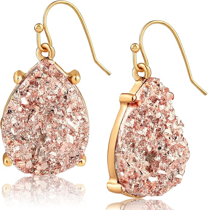 Teardrop Dangle Earrings for Women with Simulated Druzy Stones in Gold or Silver Tone