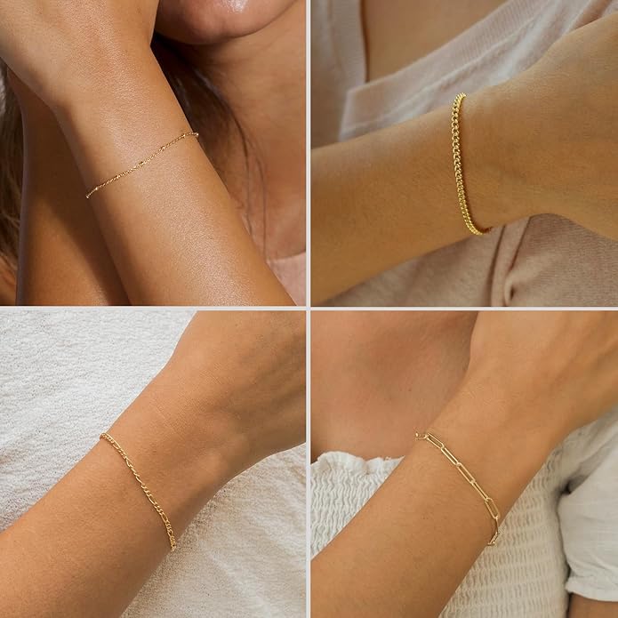 DEARMAY Gold Bracelets for Women Waterproof, 14K Gold Plated Jewelry Sets Trendy Thin Dainty Stackable Cuban Link Paperclip Chain Bracelet Pack Fashion Accessories Gifts for Womens