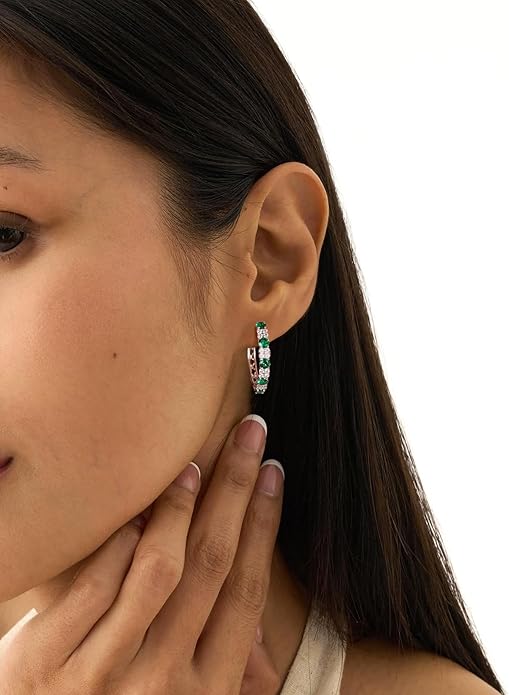 Women's Huggie Hoops with Birthstone 925 Sterling Silver Huggie Stud Hypoallergenic 14K Gold Plated Moissanite Earrings -Emerald Sapphire Ruby Hoop Earrings, Size 20 25mm