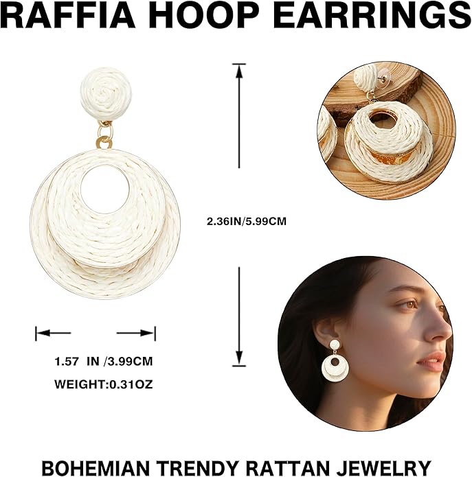 Raffia Hoop Earrings for Women - Boho Straw Wiker Dangle Drop Earrings for Summer Beach, Bohemian Trendy Rattan Jewelry