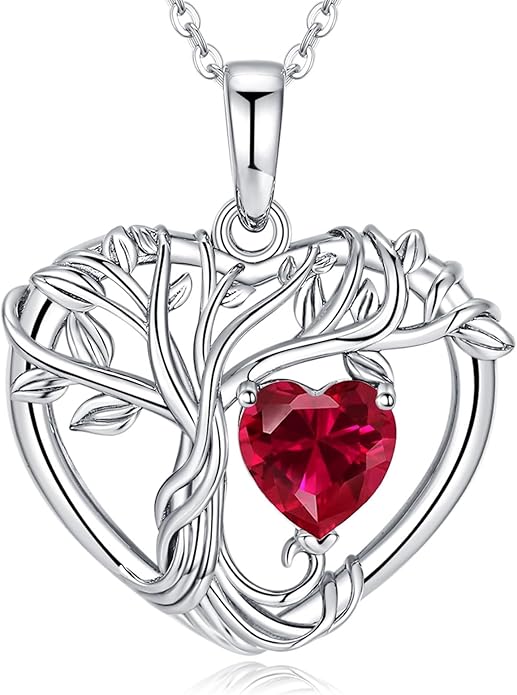Tree of Life Necklaces for Women 925 Sterling Silver Heart Pendant Birthstone Necklace Created Gemstone Jewelry for Her, 18"+2"