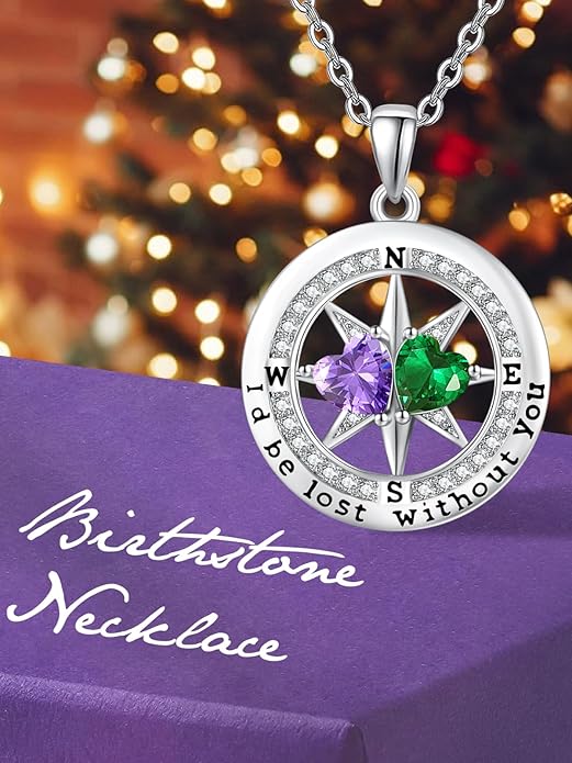 Compass Necklace for Women, Exquisite S925 Valentines Day Anniversary Birthday Gifts for Wife Her Double Birthstone Pendant Jewelry ‘I'd be Lost Without You’